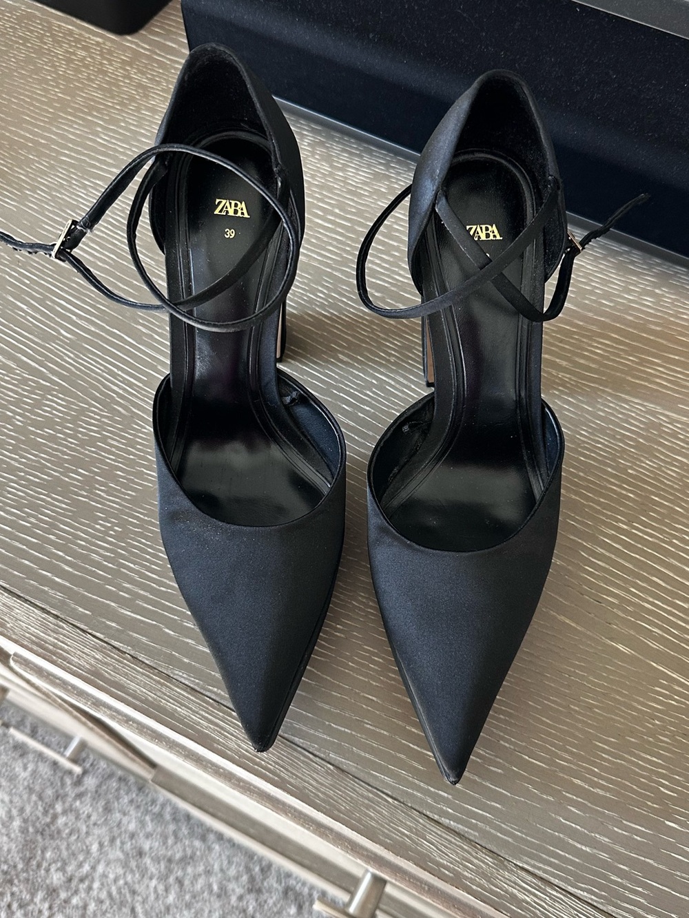 Zara Black Pointed-Toe Ankle-Strap Heels
